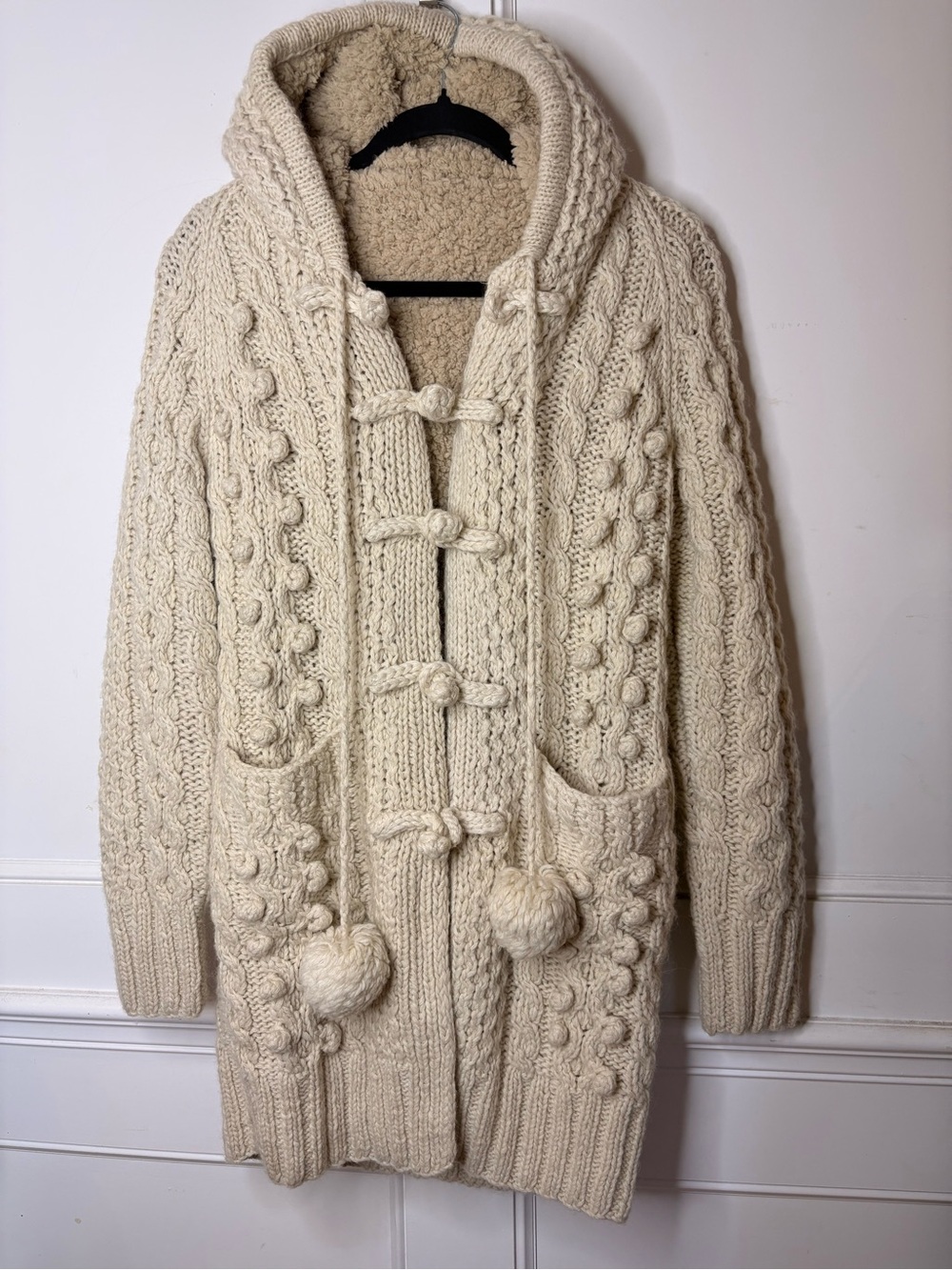 90’s Cozy Heritage knit Hooded Cable Knit Sweater jacket with teddy lining-Cream